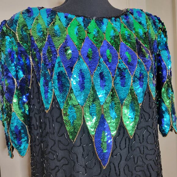 VTG Praise Hymn Fashions Pure Silk Sequin Beaded Green Blue Formal Blouse Top✨️M - Picture 3 of 16